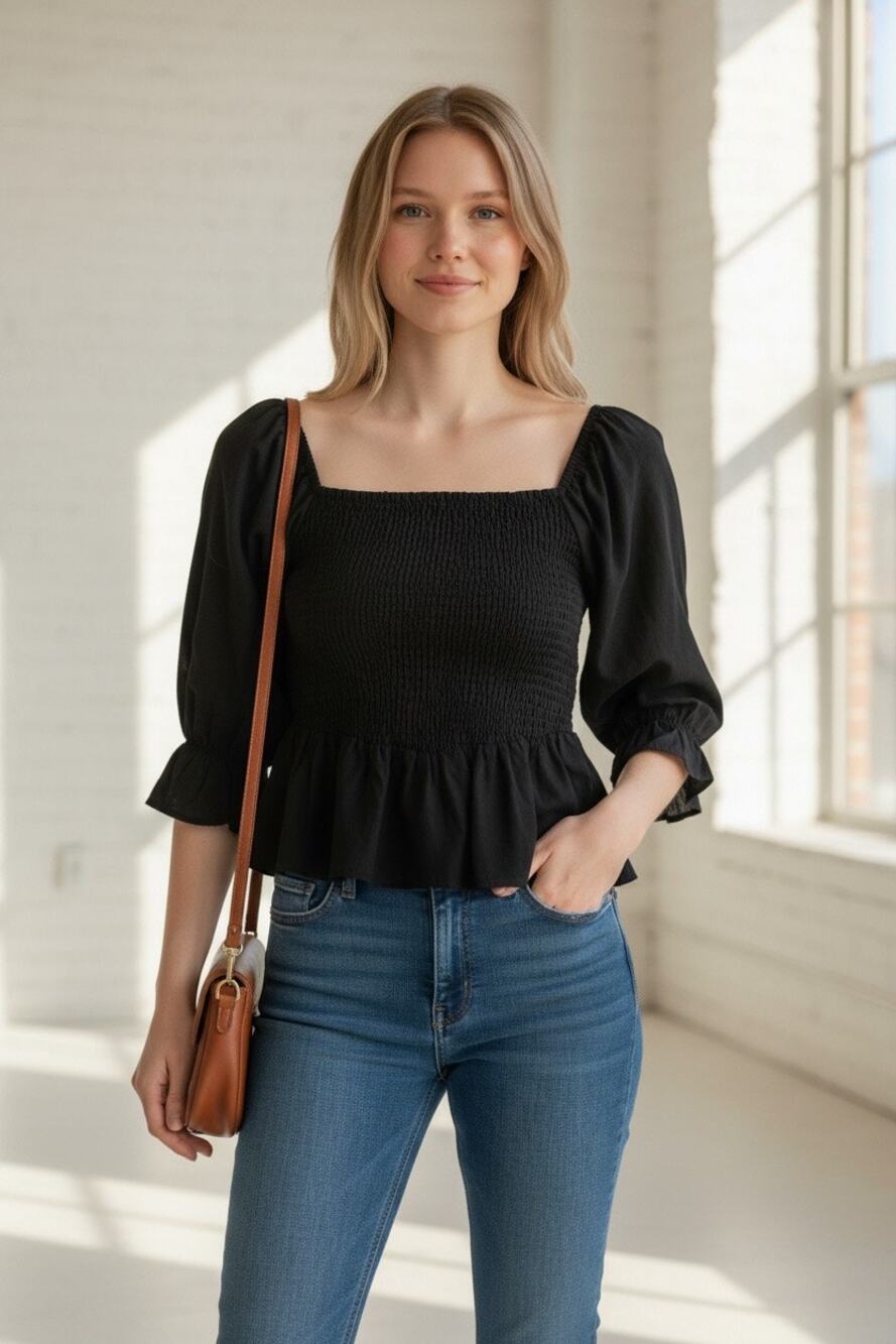 - $147 New Kourt black bubble sleeve smocked blouse size S